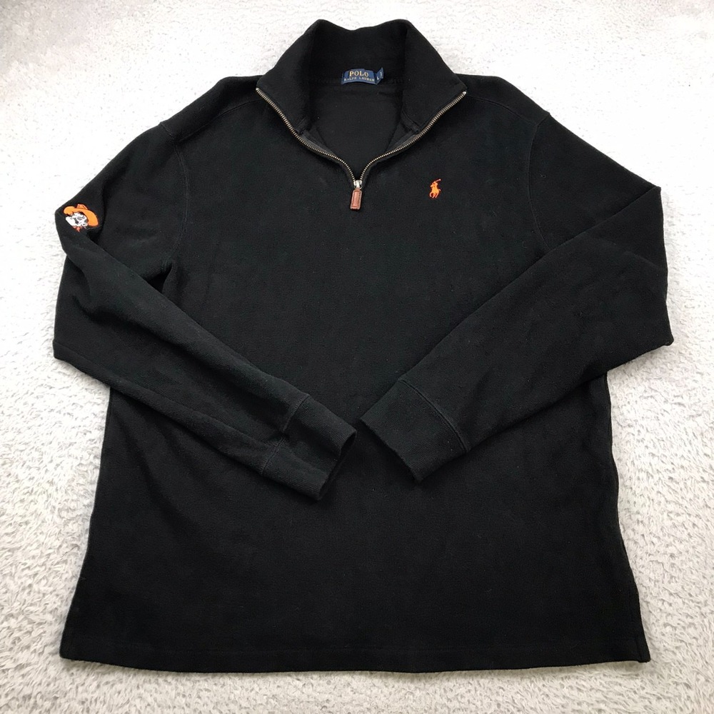 Polo Ralph Lauren 1/4 Zip Pullover Mens L Black OSU Oklahoma Pistol Pete Sweater